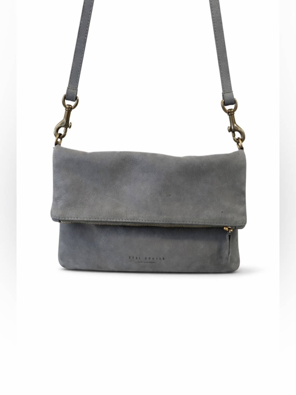 CERI HOOVER Women's Gray Suede Leather Fold Over Crossbody Bag